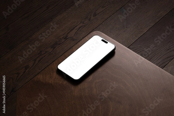 Fototapeta A smartphone mockup placed on a wooden table in a dark cozy room with wooden floor. Isolated blank surface to place your design.