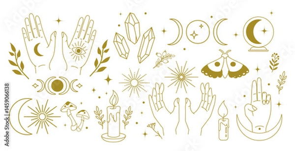 Obraz Boho Mystical Line Art Symbols with Moons, Crystals, Hands.Mystical set spiritual symbols crystals, moons, hands, candles, stars, celestial elements icons, witchy designs, astrology, esoteric.Vector