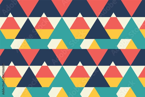 Fototapeta A colorful geometric pattern of triangles and hexagons in shades of blue, red, yellow, teal, and beige creates a playful retro design.