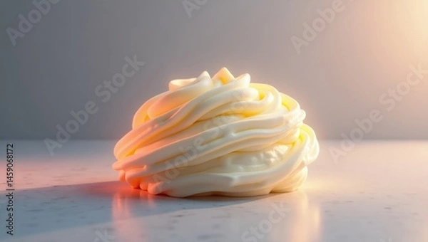 Fototapeta Whipped beef tallow. Frozen Buttercream. Abstract futuristic concept. Melting pat of whipped tallow on yellow frosting base evokes coldness and emotional fragility upstairs.