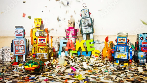 Obraz concept FAKE NEWS with retro robots and cut up newspaper 