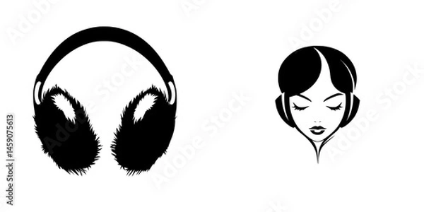 Fototapeta Stylish black icon featuring headphones and a woman enjoying music in a minimalist design