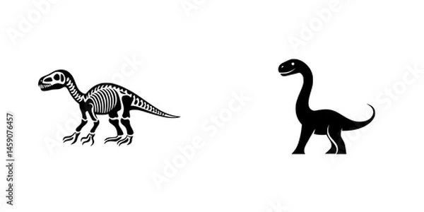 Fototapeta Dinosaurs represented as flat black icons showcasing a skeletal structure and a cartoonish figure in a simple design