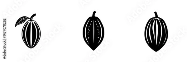 Fototapeta Black icon set featuring three unique cacao pod designs showcasing different shapes and details