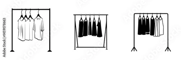 Fototapeta Clothing display rack with various garments in flat black icon format designed for digital applications and modern branding