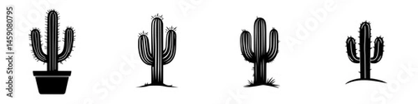 Fototapeta Flat black icons representing various types of cacti in different shapes and sizes for decorative use