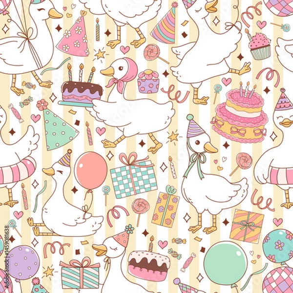 Fototapeta Happy Birthday Party Silly Goose Seamless Pattern Isolated on Yellow Long Stripes Background Vector