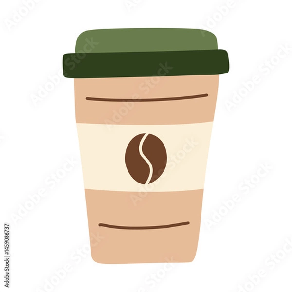 Obraz Takeaway coffee cup with green lid, eco-friendly reusable drink container, hot beverage to-go, minimalistic coffee shop icon, organic morning drink, hand-drawn simple vector illustration, flat style.