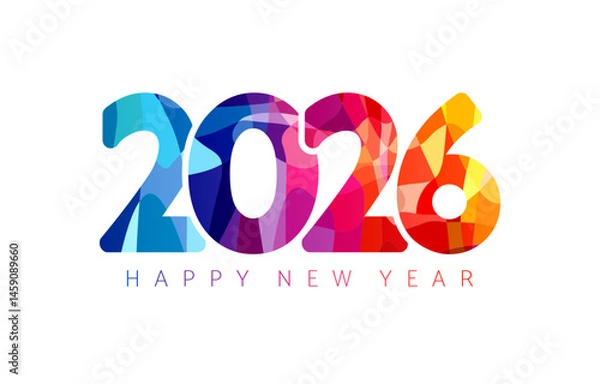 Fototapeta Happy New Year 2026 cute colorful web icon. Greeting card design with white paper backdrop. Creative colored number 20 26 with stained glass texture and isolated clipping mask. Holiday banner.