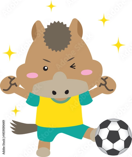 Fototapeta 【午年・干支】サッカーをする元気な馬のキャラクター｜年賀状・スポーツ・子ども向けに最適なイラスト素材