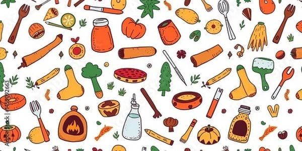 Obraz A whimsical doodle pattern of camping food, utensils, and nature elements, perfect for textiles and backgrounds, print, spoon