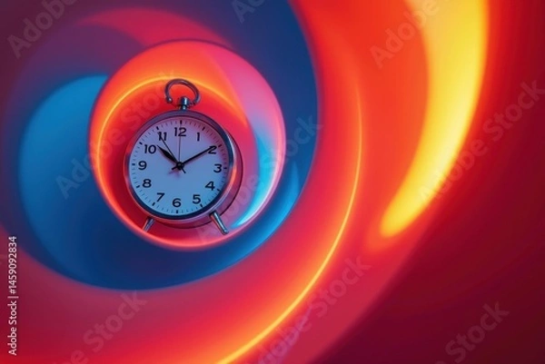 Fototapeta Cosmic Time Spiral. Cosmic time spiral unfolds as spiraling clock against vibrant red and blue contrasting background.