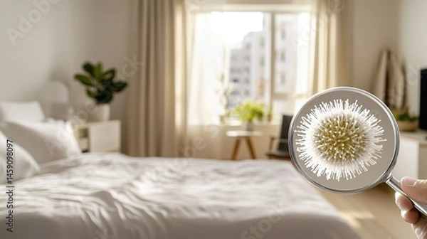 Fototapeta A  close-up view of a magnified microbe in a bedroom setting.