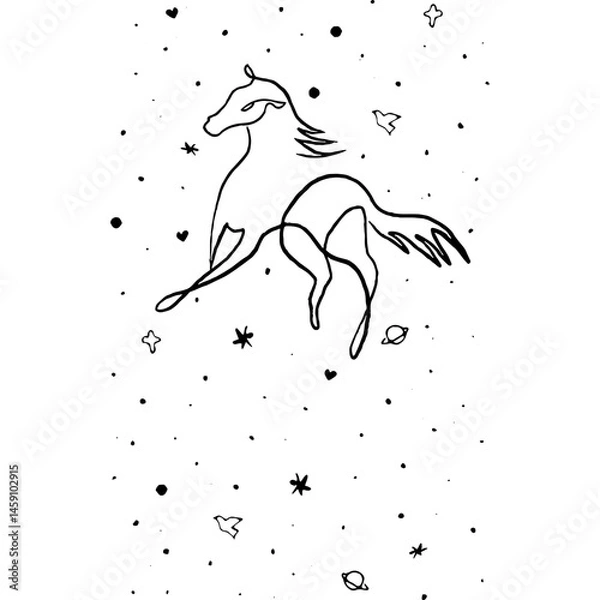 Fototapeta minimalist line drawing of a horse surrounded by stars and space elements, symbolizing freedom, imagination, and cosmic connection, ideal for creative and whimsical projects