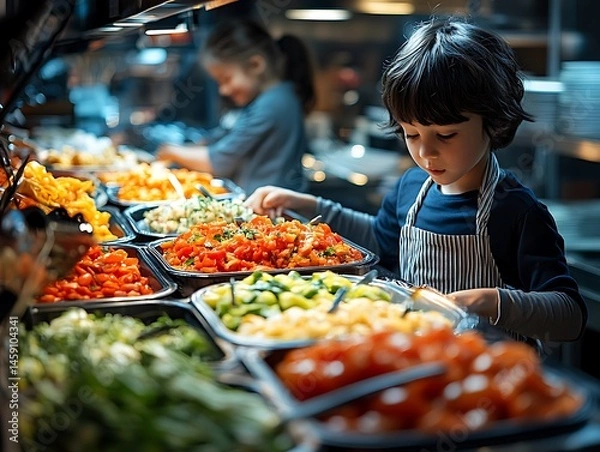 Fototapeta Lunchtime Selection: A young student carefully considers the various options laid out before him in a cafeteria setting, showcasing a diverse array of food choices.