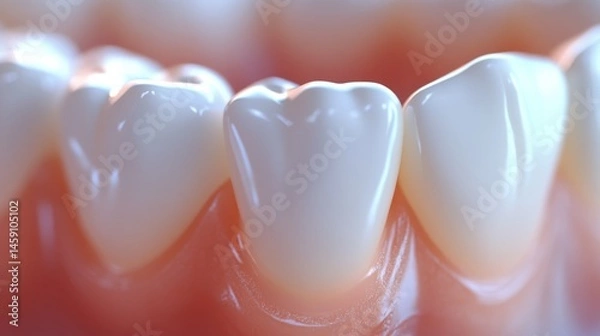 Fototapeta Medical visualization of gingivitis symptoms, precise tooth modeling, inflamed gingival tissue detail, anatomically correct dental structures, sterile clinical aesthetic, volumetric atmosphere,