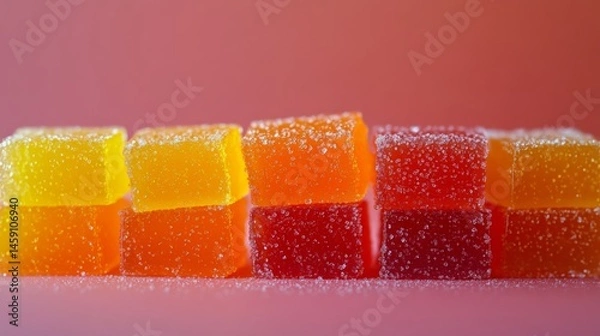 Fototapeta Artistically arranged layers of colorful marmalade squares creating an ombre effect from yellow to orange to red, dusted with fine sugar crystals, soft gradient background, extreme detail showing