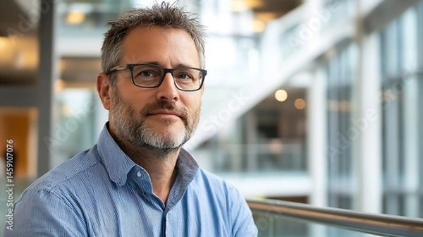 Obraz Portrait of a middle-aged man with graying hair wearing glasses, standing in a modern office building, thoughtful expression. : Generative AI