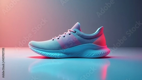 Fototapeta Zero Drop Shoes. Futuristic minimalist design. Abstract futuristic concept. Sleek, futuristic shoe glows on reflective surface amidst calm pink and blue backdrop.