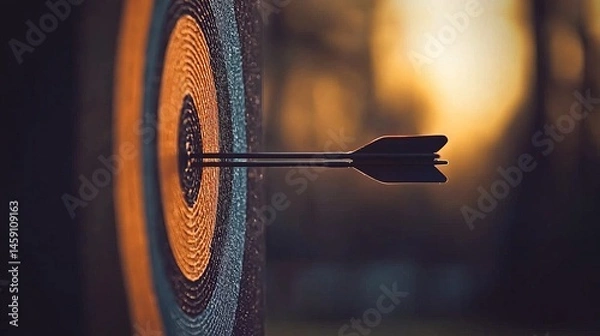 Fototapeta Focused arrow hitting the bullseye of a target.