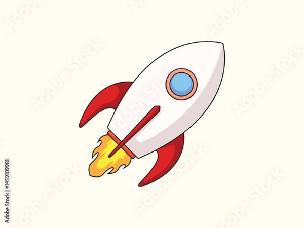 Fototapeta rocket booster icon with flat view, featuring red and white body, blue window, and fiery yellow flame
