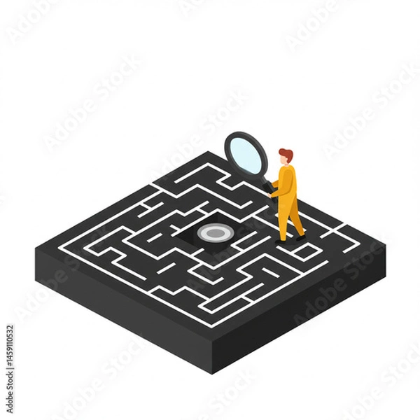 Obraz 복잡한 미로에서 어떻게 대처해야할까 돋보기를 가지고 고민하고 있는 그림