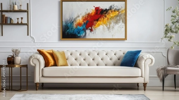 Fototapeta Golden-framed abstract artwork above a plush tufted couch in an elegant space