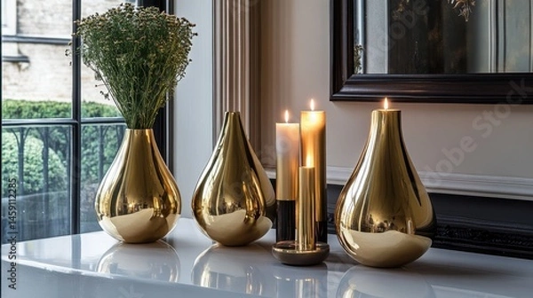 Fototapeta Golden vases and candle holders arranged on a glossy white console table in a luxury setting