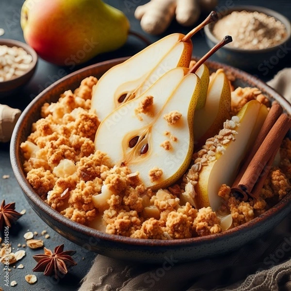 Fototapeta Crumble Sliced pears baked with fresh