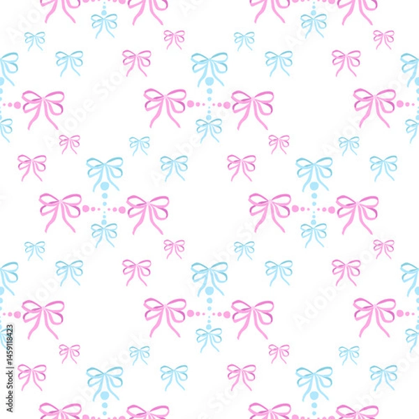 Obraz Seamless pattern on rhombus grid with various pink and blue delicate gift bows hand drawing. Fashion hair braiding accessory. Cotton fabric pattern for sewing, patchwork, printed fabric, textile 