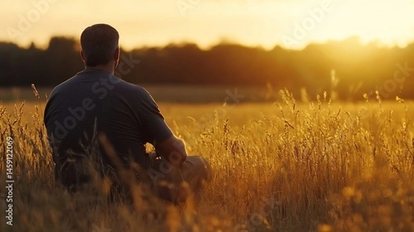 Fototapeta Silhouette of a man sitting in a golden field, watching the sunset.  Peaceful, serene scene at dusk, back view. : Generative AI