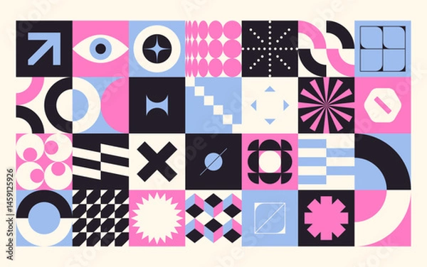 Obraz Geometric abstract shapes. Bauhaus minimal geometry pattern modern primitive geometric forms, simple geometrical brutalism swiss art elements. Vector set