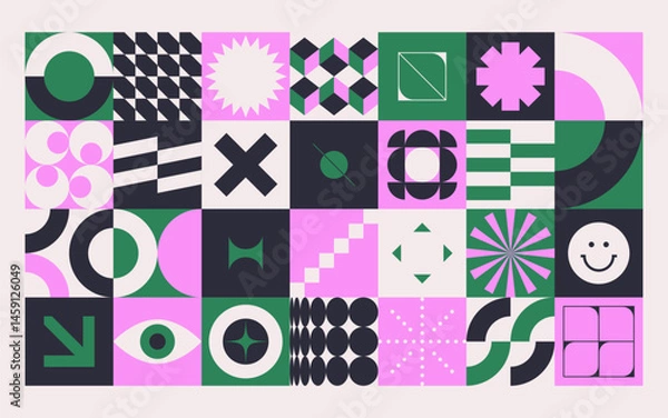 Fototapeta Geometric abstract shapes. Bauhaus geometry pattern minimal modern primitive geometric forms, simple geometrical brutalism swiss art elements. Vector set