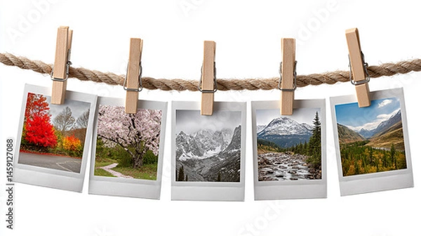 Fototapeta A row of five Polaroid frames pinned to a rope with clothespins, evoking simplicity and the anticipation of cherished memories, isolated on a White background.