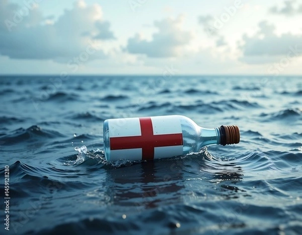 Obraz Message in a Bottle Floating in Ocean with Cross Flag