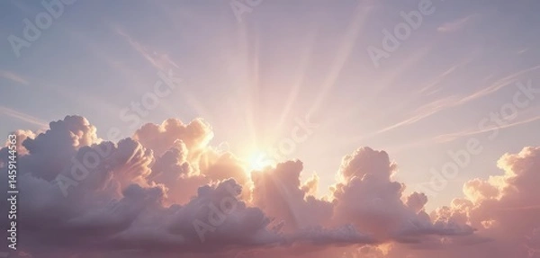 Obraz Soft pastel clouds, vibrant sun rays breaking through, summer, design