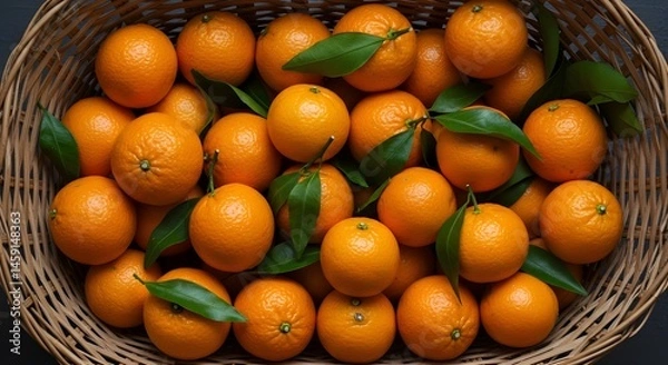 Fototapeta Basket with tangerines with leaves top view.