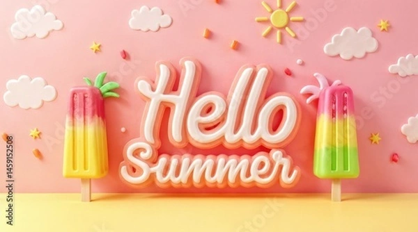 Fototapeta Colorful summer popsicles with cloud and sun decor on pink background and message Hello Summer