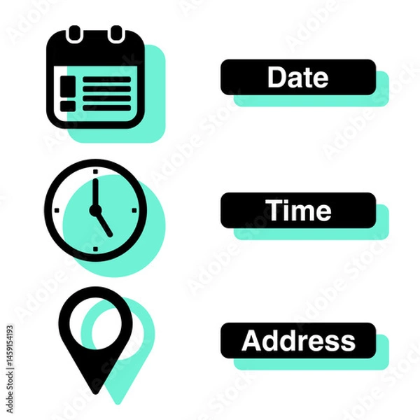 Obraz time, date and address symbol set isolated on transparent background