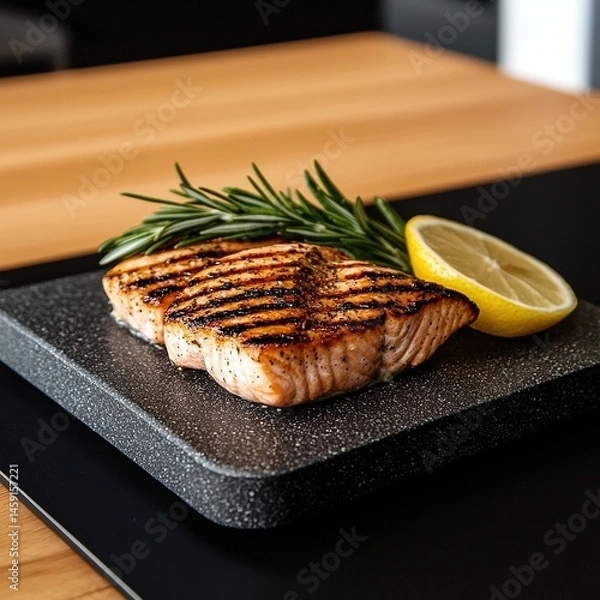 Fototapeta Grilled salmon fillets presented on a dark stone platter.