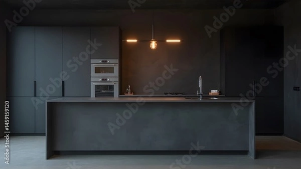 Fototapeta Modern kitchen interior with blank poster on dark wood wall beside countertop and faucet in minimal clean design layout. 3D Rendering
