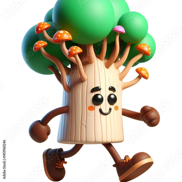 Fototapeta Cute 3d walking tree isolated on white background