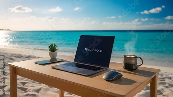 Fototapeta Modern laptop computer, Coffee cup, alarm clock, notebook and calendar on wooden table and view of tropical beach. Saved with clipping path. Work and holiday concept
