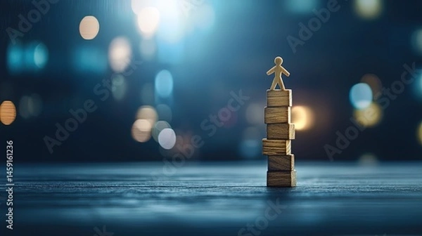 Fototapeta Wooden figure atop a stack of blocks in a dark setting.