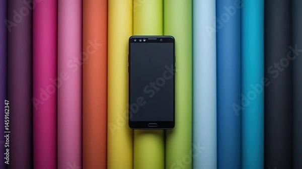 Fototapeta Colorful rolls of fabric surrounding a dark smartphone.