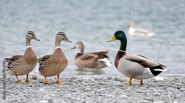 Fototapeta Group of ducks standing on the shore of a lake.