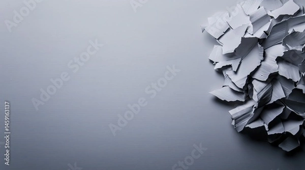 Fototapeta Gray backdrop with a cluster of torn paper fragments.