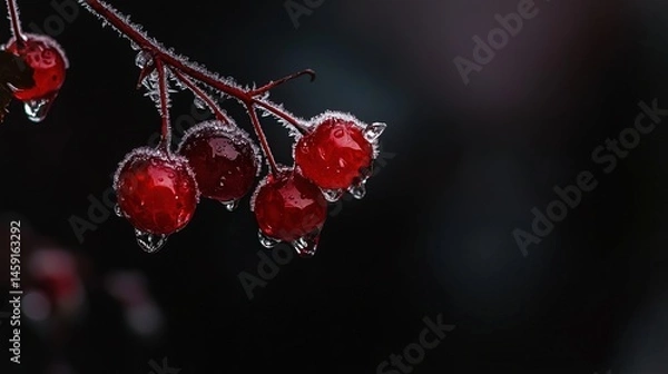 Fototapeta Close-up view of icy berries on a branch.