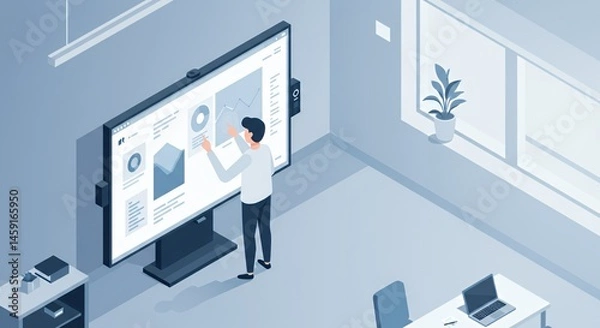 Fototapeta Interactive Presentation: Modern Business Analyst Utilizing a Large Interactive Display for Data Analysis and Strategic Planning in a Contemporary Office Setting