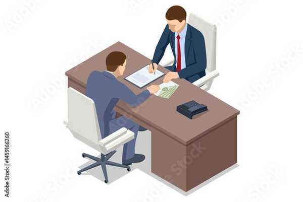 Obraz Isometric scene of a businessman discreetly offers cash to another man signing documents at a desk, symbolizing a corrupt transaction. AML Anti money laundering financial. Illegal money metaphor